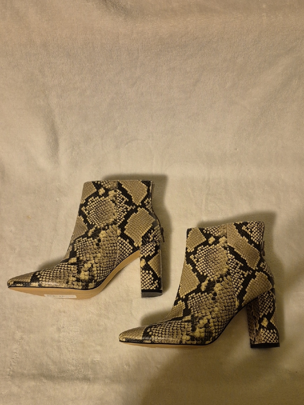 Chelsea & Violet Snake-Print Pointed Toe Ankle Boots in Beige and Black